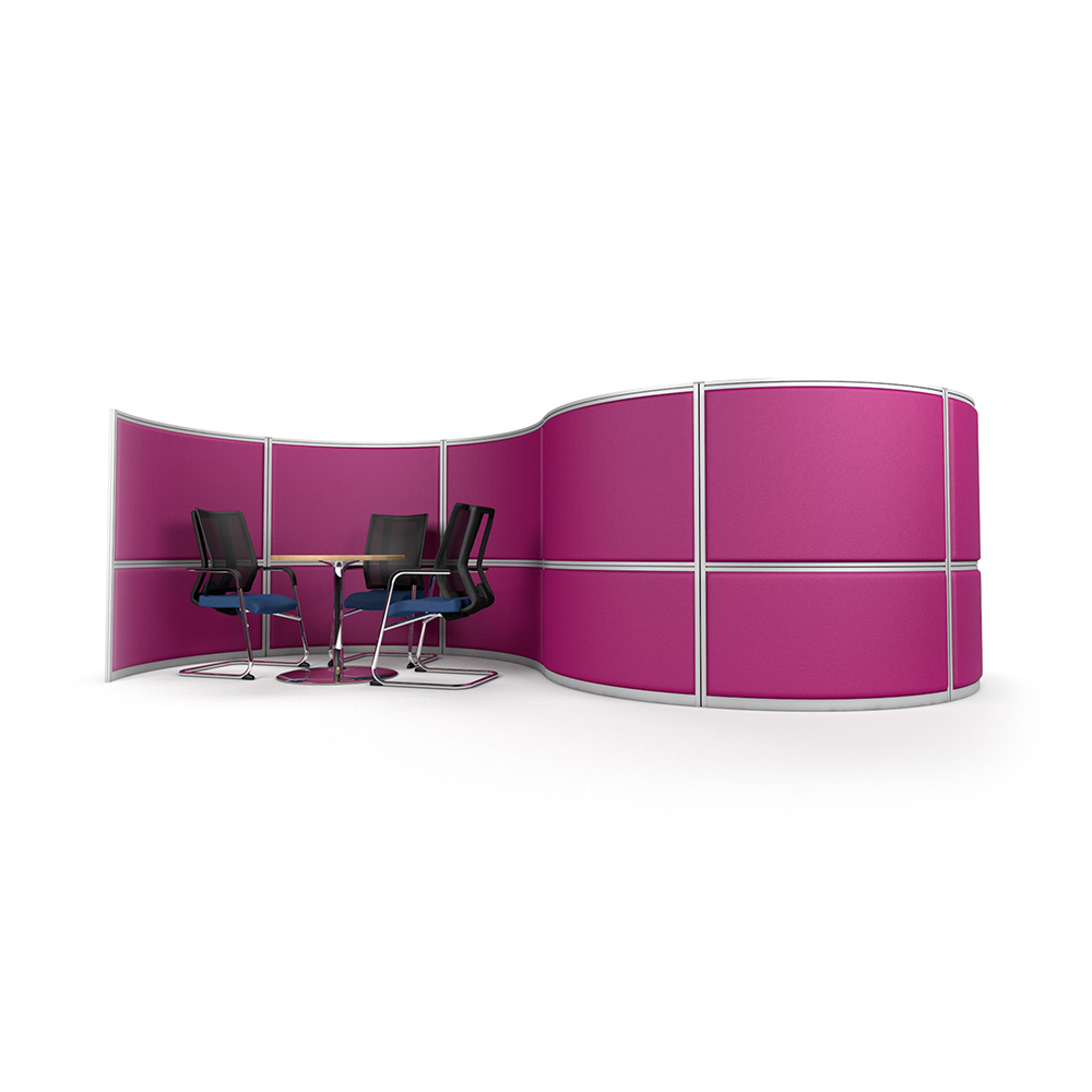 S-Shaped Acoustic Office Partition with Integrated Meeting Pods