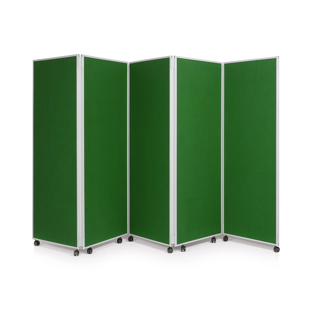 5 Panel Folding Office Partition on Wheels with Green Fabric