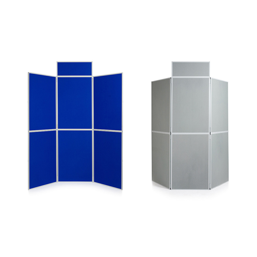 Front and Back View of 6 Panel Folding Presentation Boards in Blue and Grey Fabric