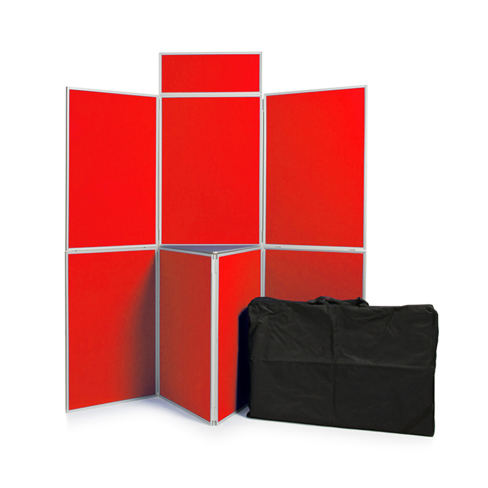 7 Panel Folding Display Boards with PVC Frame, Shelf, Header Panel and Carry Bag with Red Fabric Panels