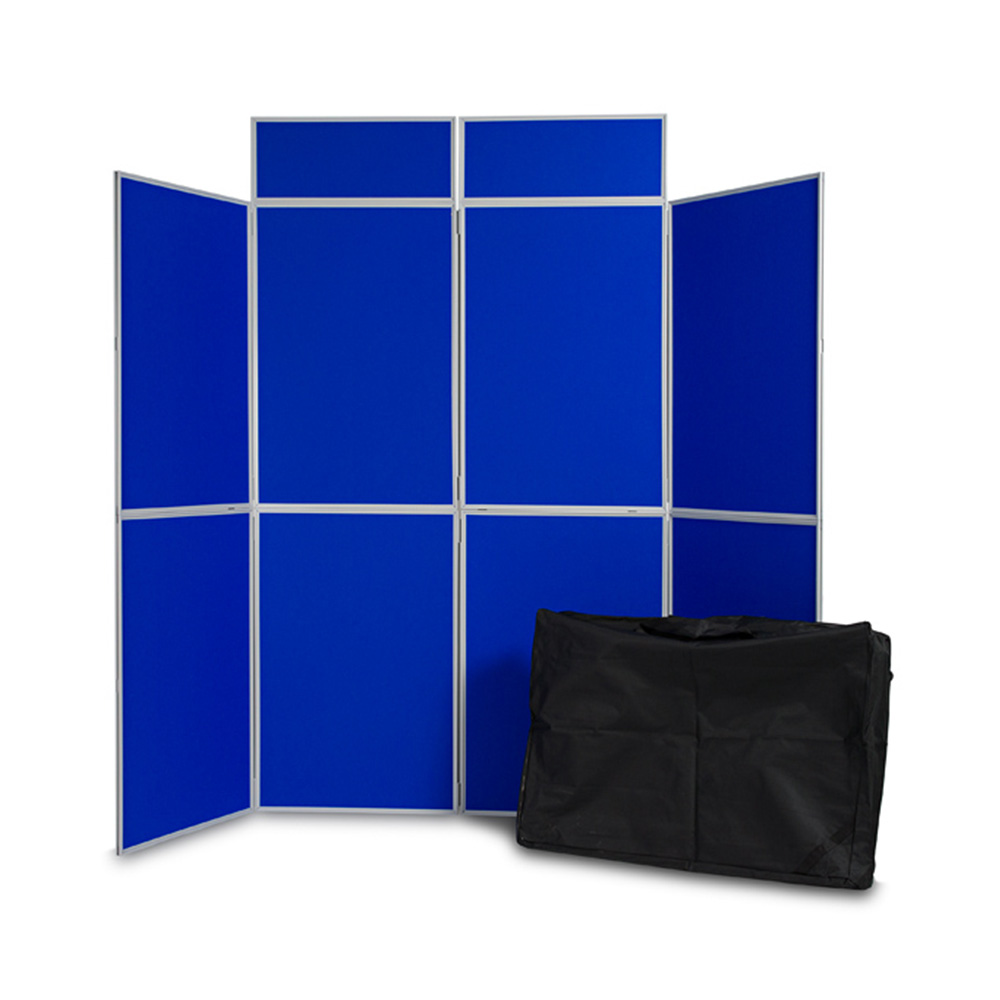 8 Panel PVC Frame Folding Display Board with Double Header and Carry Bag in with Blue Fabric Panels