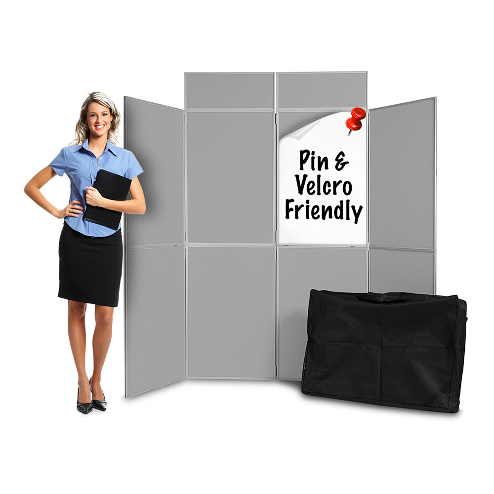 8 Panel Folding Display Boards with Pinnable Grey Fabric and Carry Bag