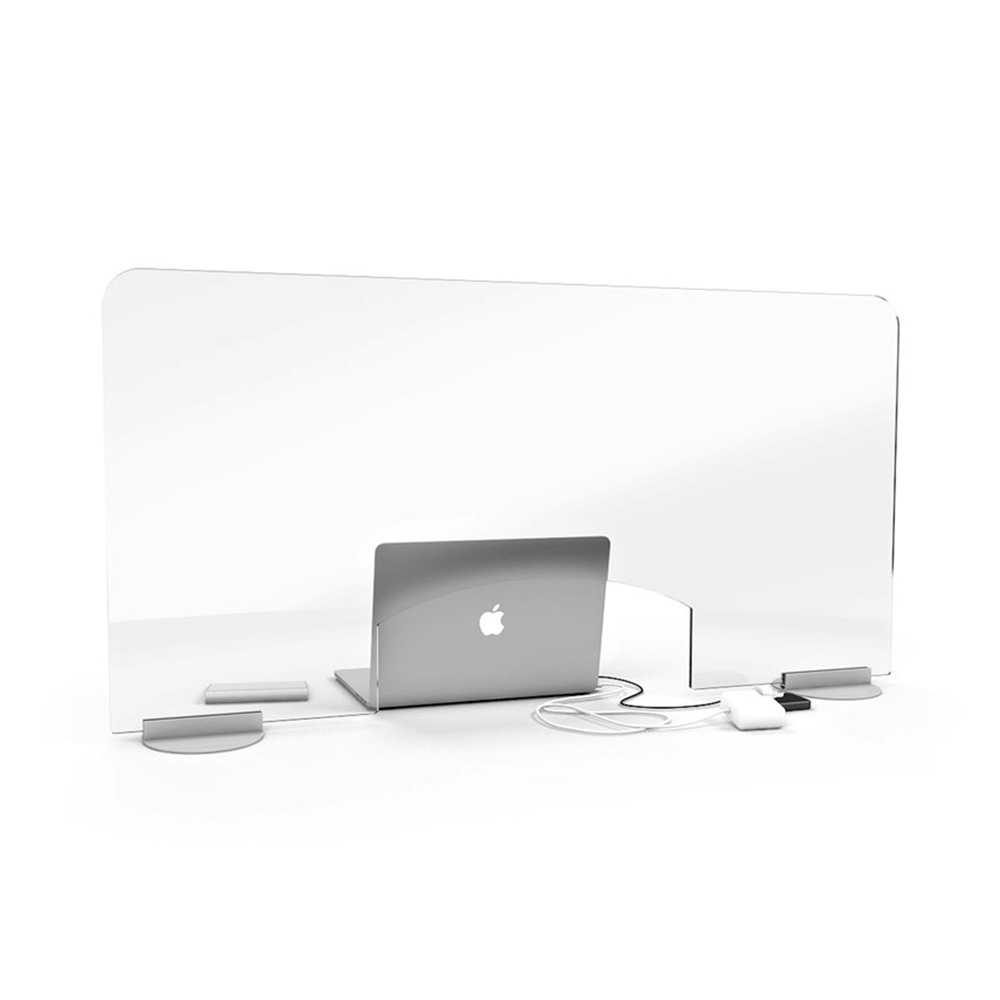 ACHOO® Crystal Clear Desk Protective Screen Features A Cable Management Cut Out And Silver Round Feet
