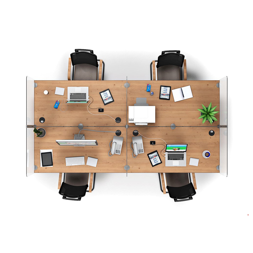 Top View of ACHOO® Crystal Clear Modular Desk Screens For 4-Bay Workstations