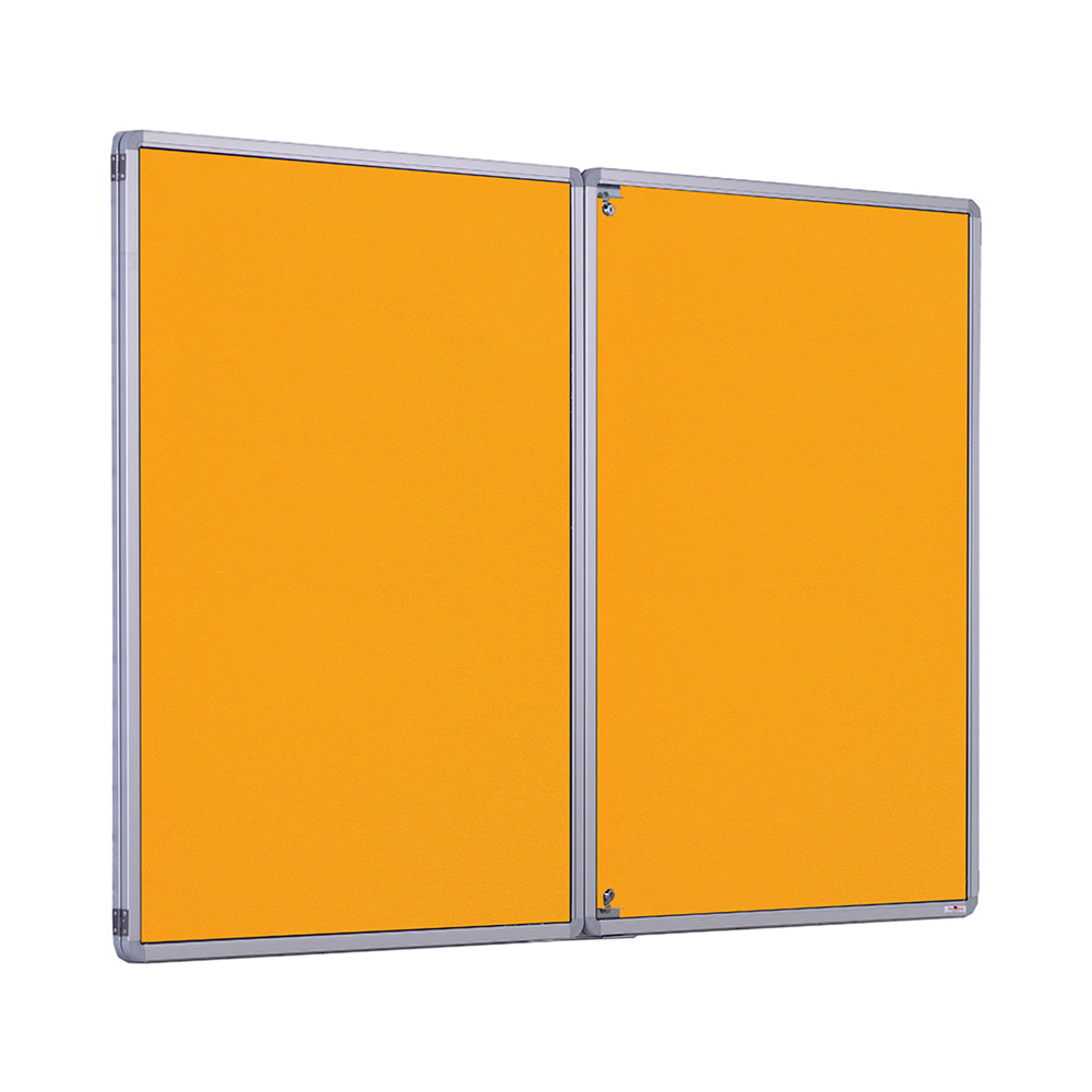 Wall Mounted Lockable Noticeboard with Double Doors and Gold Fabric
