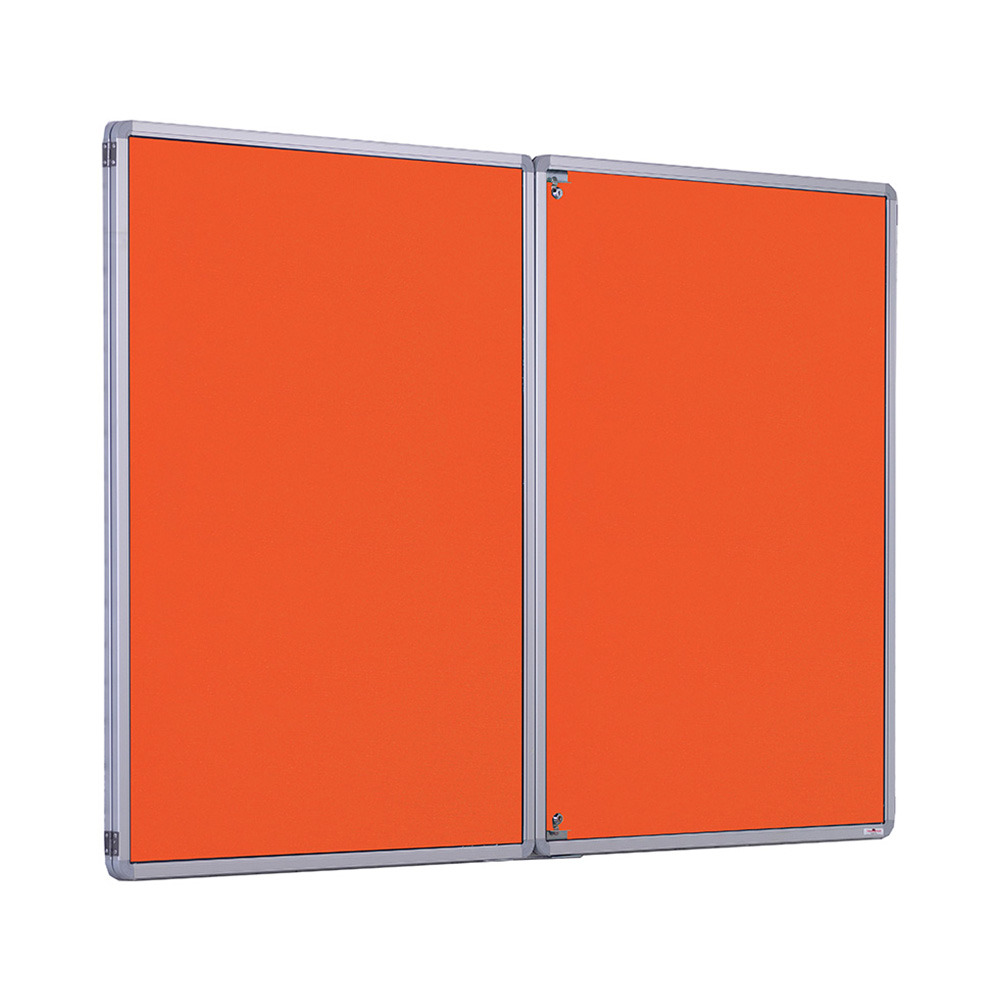 Wall Mounted Double Door Noticeboard with Orange Fabric