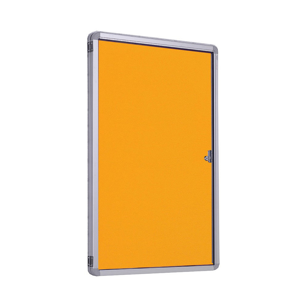 Single Door Lockable Noticeboard Wall Mounted in Portrait with Gold Fabric
