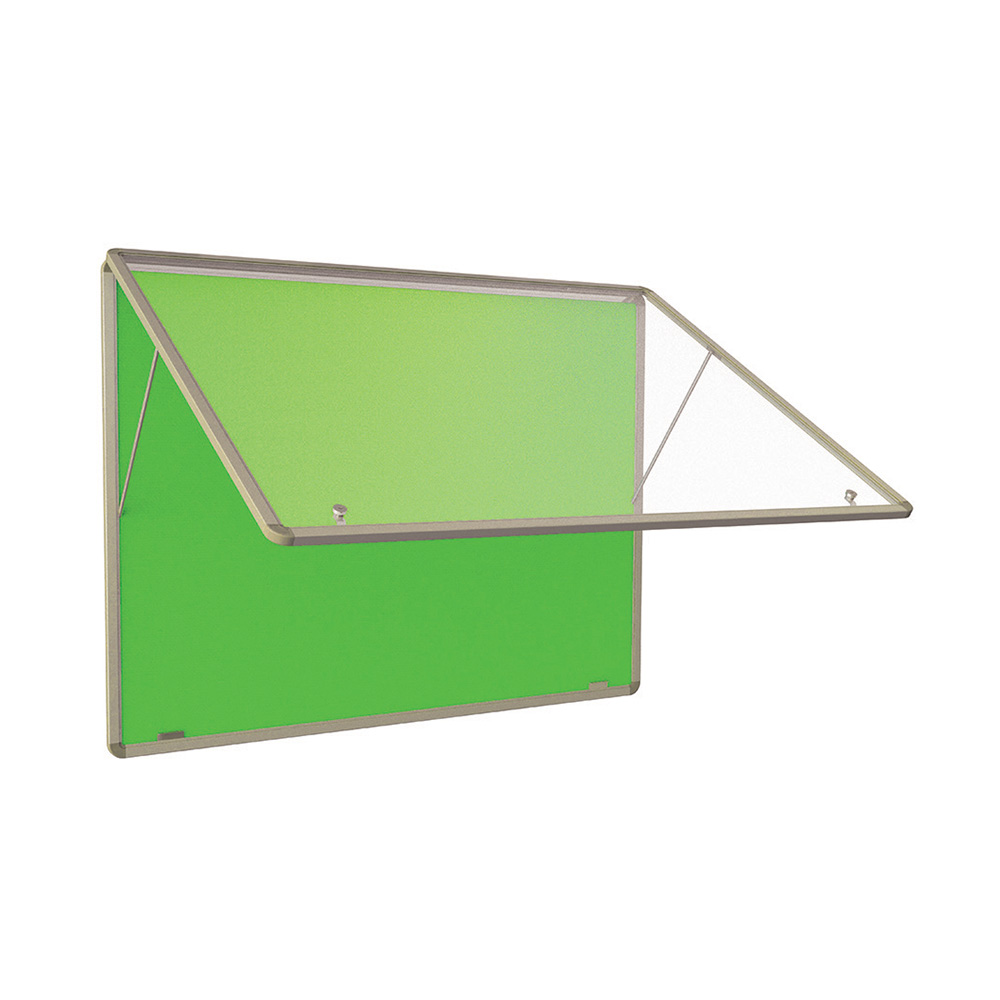 Top Hinge opening Landscape Mounted Single Door Noticeboard with Light Green Fabric