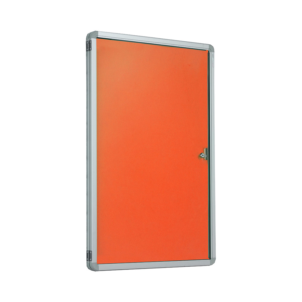 Single Door Noticeboard Lockable Wall Mounted in Portrait with Orange fabric