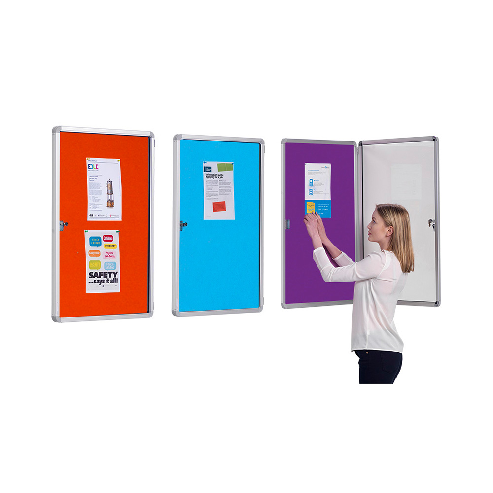 Wall Mounted Lockable Noticeboards in Orange, Light Blue and Purple