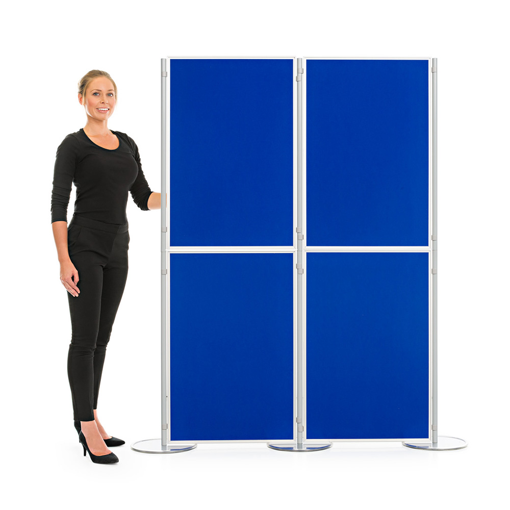 4 Panel and Pole Aluminium Display Boards Mounted in Portrait with Blue Fabric