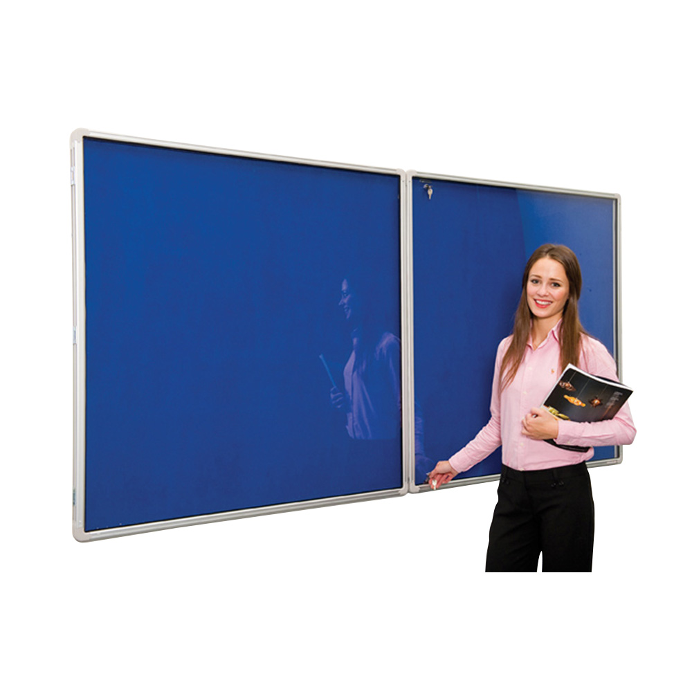 Lockable Wall Mounted Double Door Notice Board with Blue Fabric