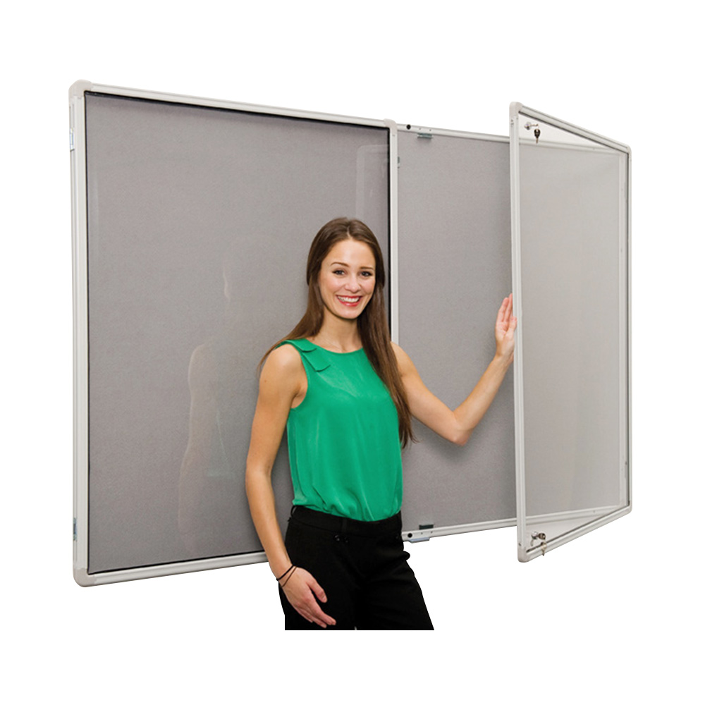 Tamperproof Double Door Noticeboard with Grey Fabric