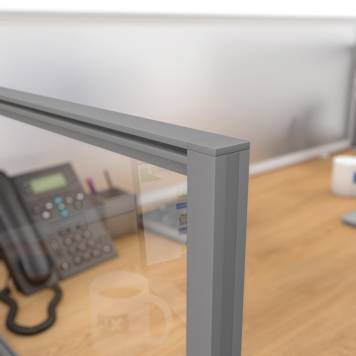 Close Up of FRONTIER® Glazed Office Screen Desk Dividers