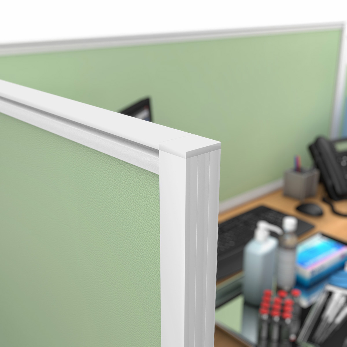 Close Up of FRONTIER® Medical Screens Anti-Microbial Desk Divider Aluminium Frame