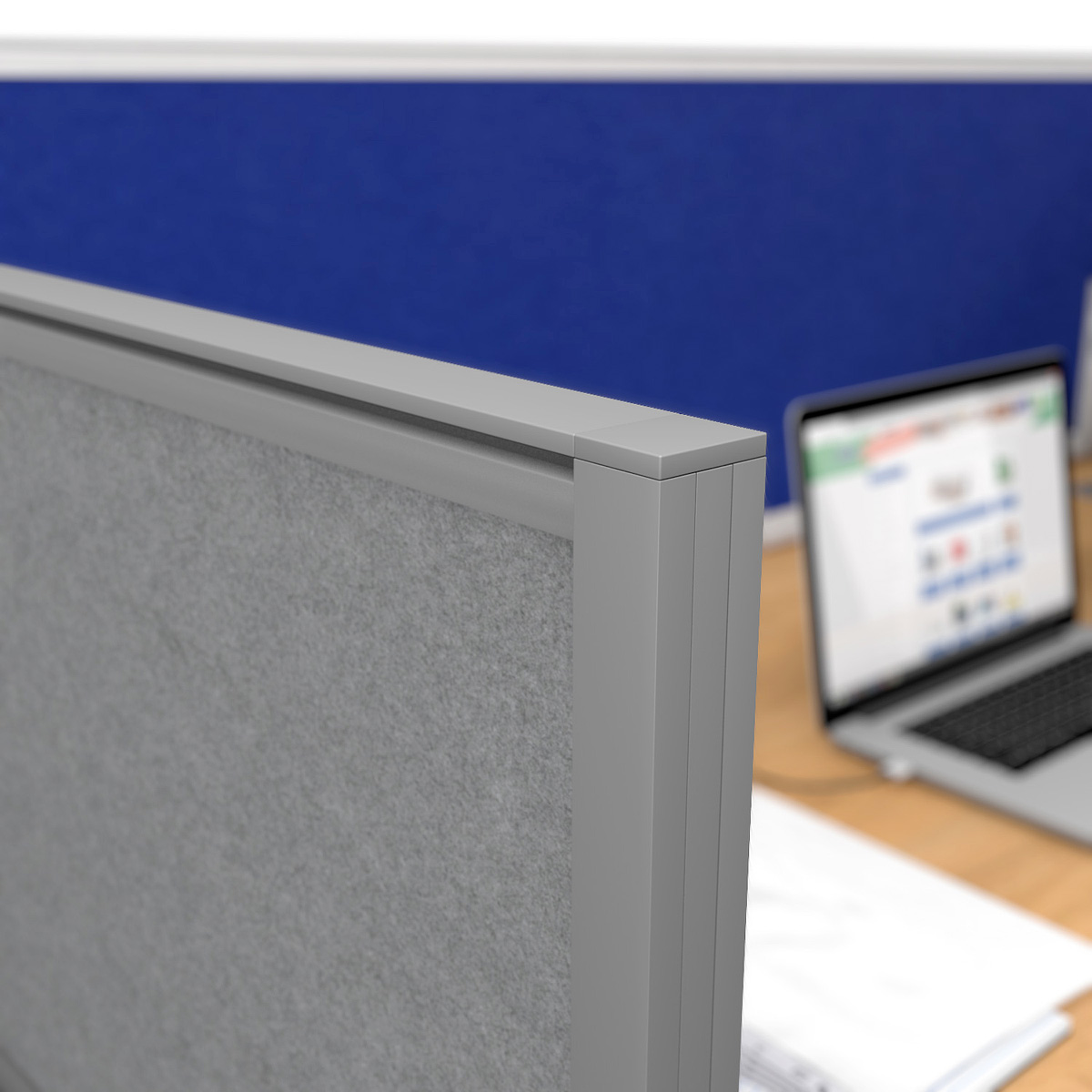 Close up of FRONTIER® Office Screen Desk Dividers Aluminium Frame 