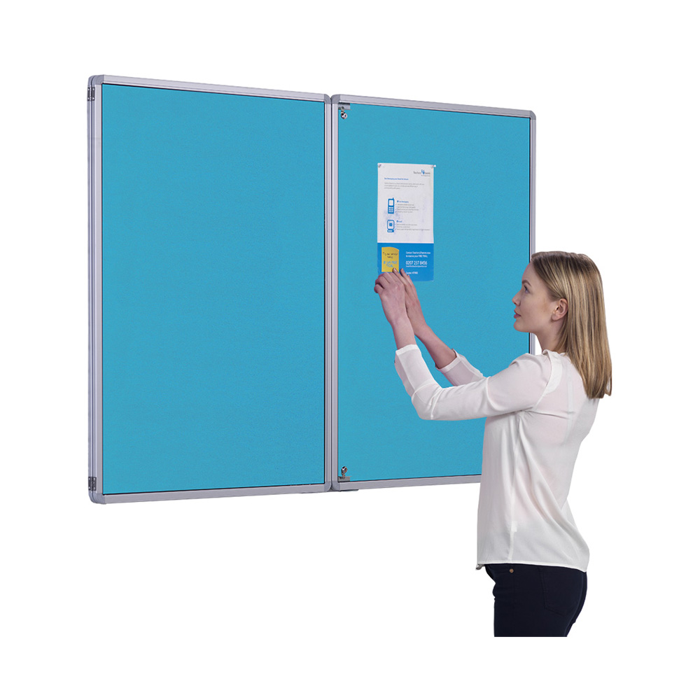 Fire Resistant Double Door Wall Mounted Lockable Noticeboard in Light Blue