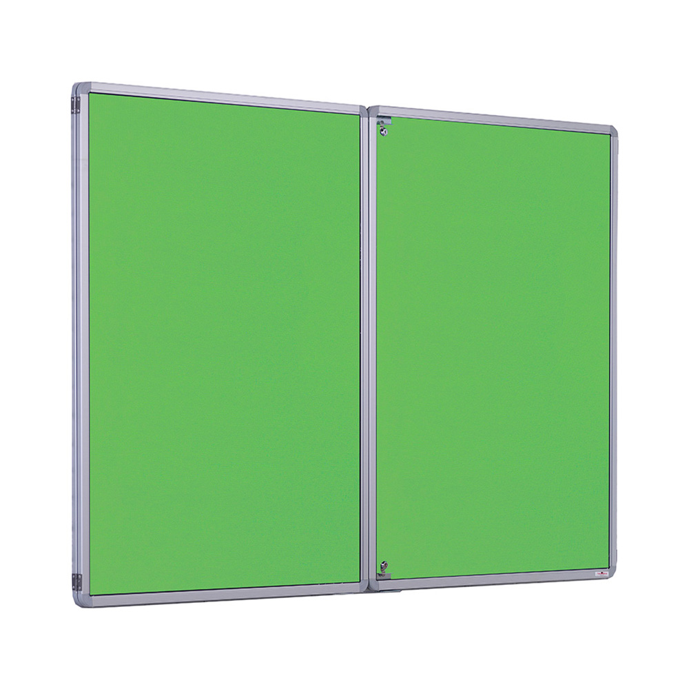Double Door Flame Resistant Noticeboard with Lockable Doors in Green Fabric