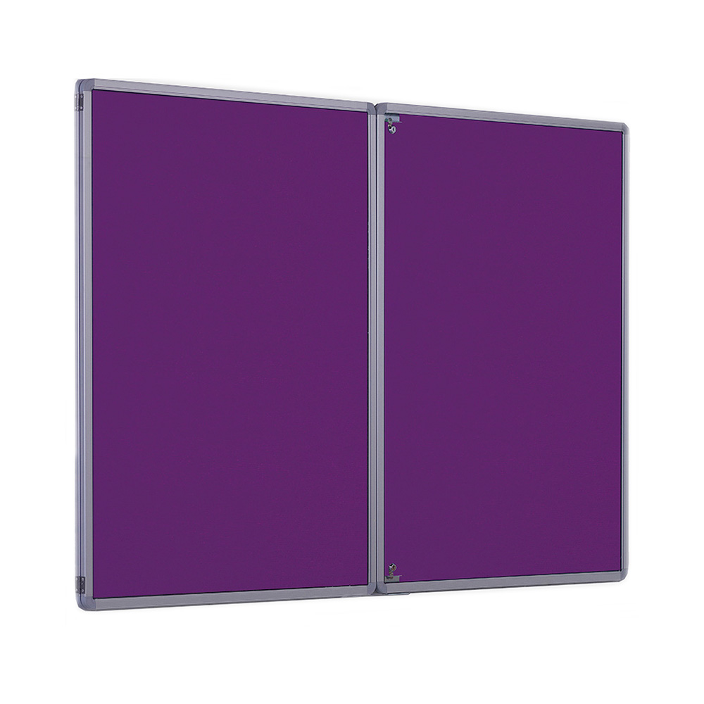 Double Door Wall Mountable Lockable Fire Resistant Noticeboard in Plum Fabric