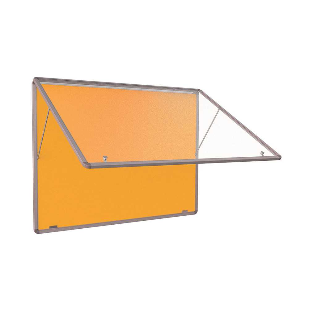 Lockable Fire Resistant Noticeboard Wall Mounted Opening from Top Hinge with Gold Fabric