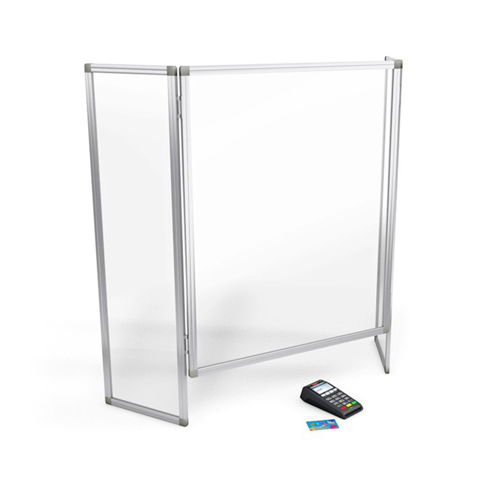 Folding Clear Perspex Sneeze Guard With Cut Out For Reception Or Cashier Card Machines - Allows Safe, Socially Distanced Customer Transactions To Continue