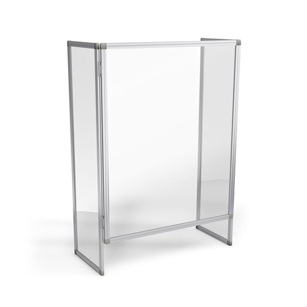 Clear Folding Perspex Sneeze Guard With Aluminium Frame Can Be Quickly & Easily Deployed To Integrate Social Distancing In The Workplace