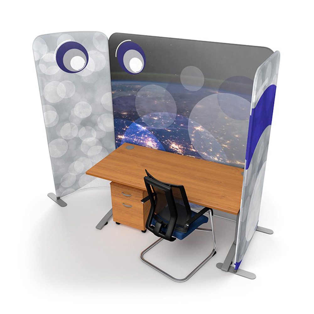 Workspace Made From Free Standing Printed Office Screens Top Down View