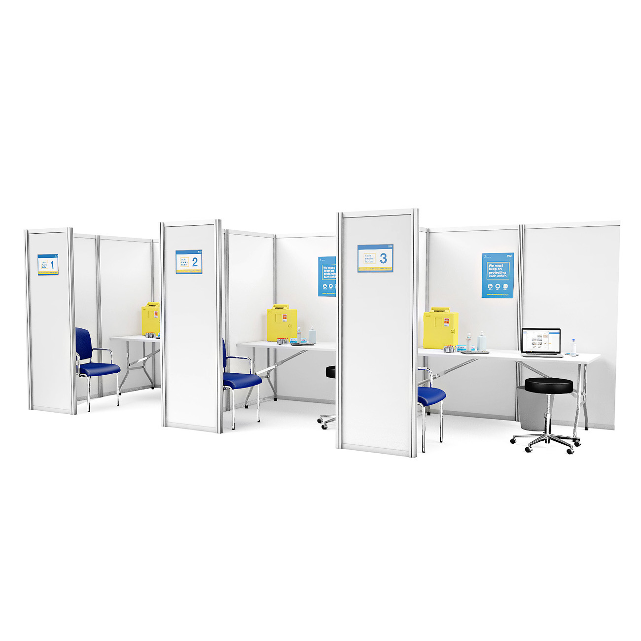 Freestanding, Modular COVID Vaccination Pods Are Constructed From Aluminium Frames And Opaque White Foamex Panels - Clean, Wipeable & Hygienic