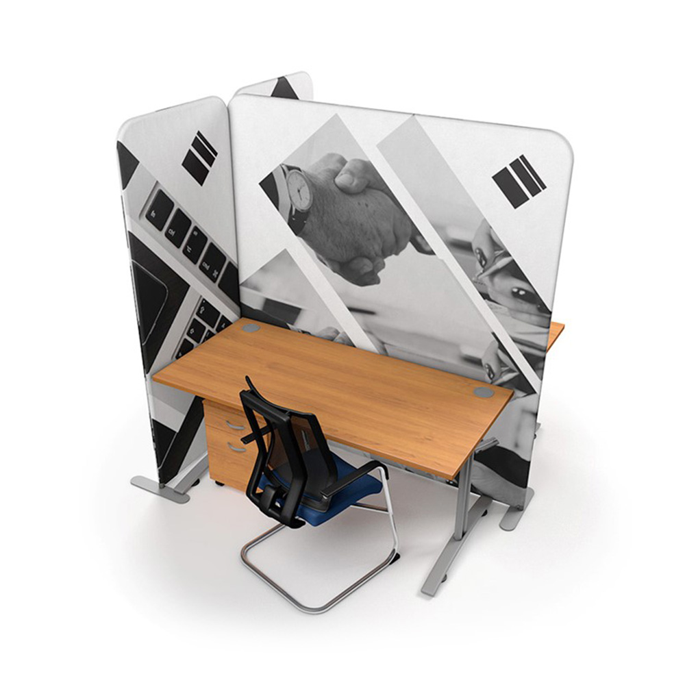 Top Down View of Freestanding Printed Office Divider with Desk