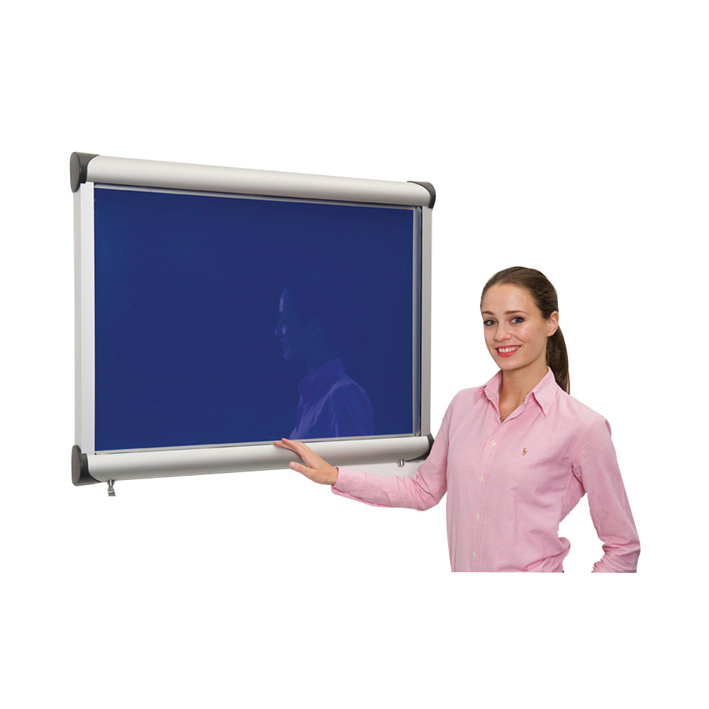 Wall Mounted Indoor Lockable Noticeboard With Blue Fabric