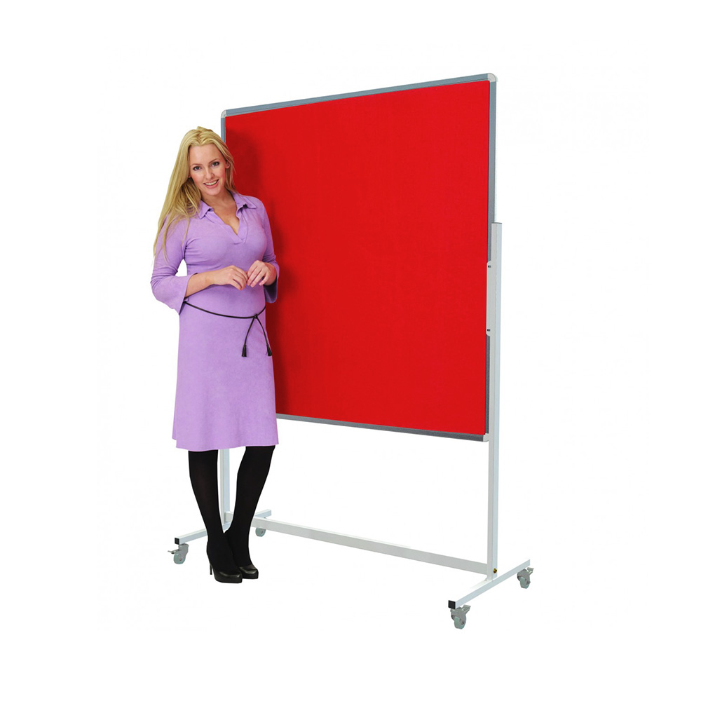 Mobile Noticeboard on Wheels in Landscape Orientation with Red Fabric