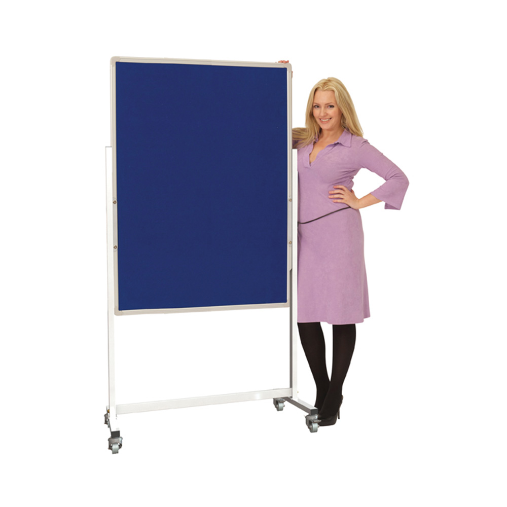 Mobile Noticeboard with Blue Fabric on Wheels in Portrait Orientation