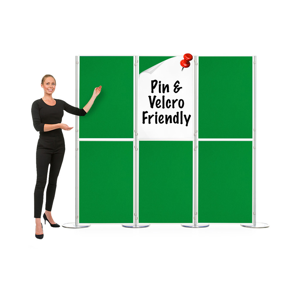 6 Panel and Pole Display Board with Pinnable Green Fabric in Portrait Presentation Orientation