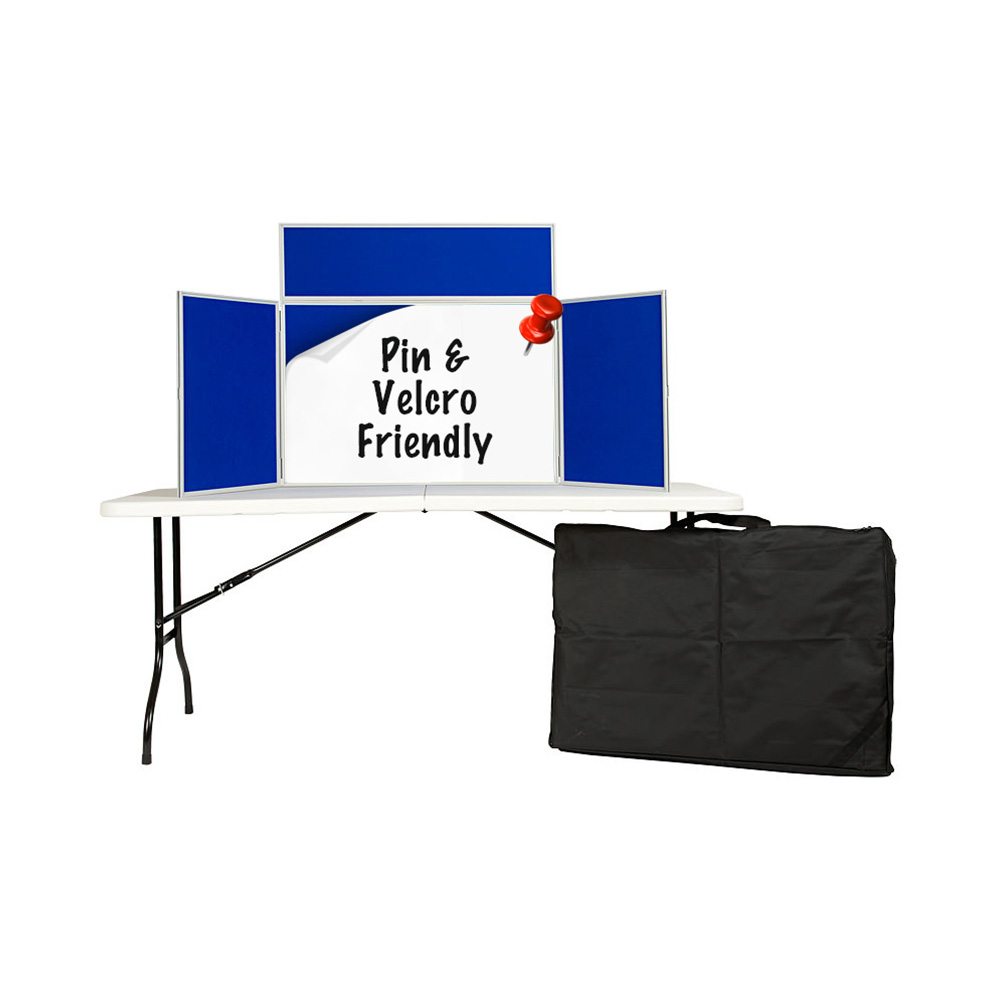 Table Top Display Boards in Landscape with Header Panel in Pinnable Blue Fabric and Travel Bag