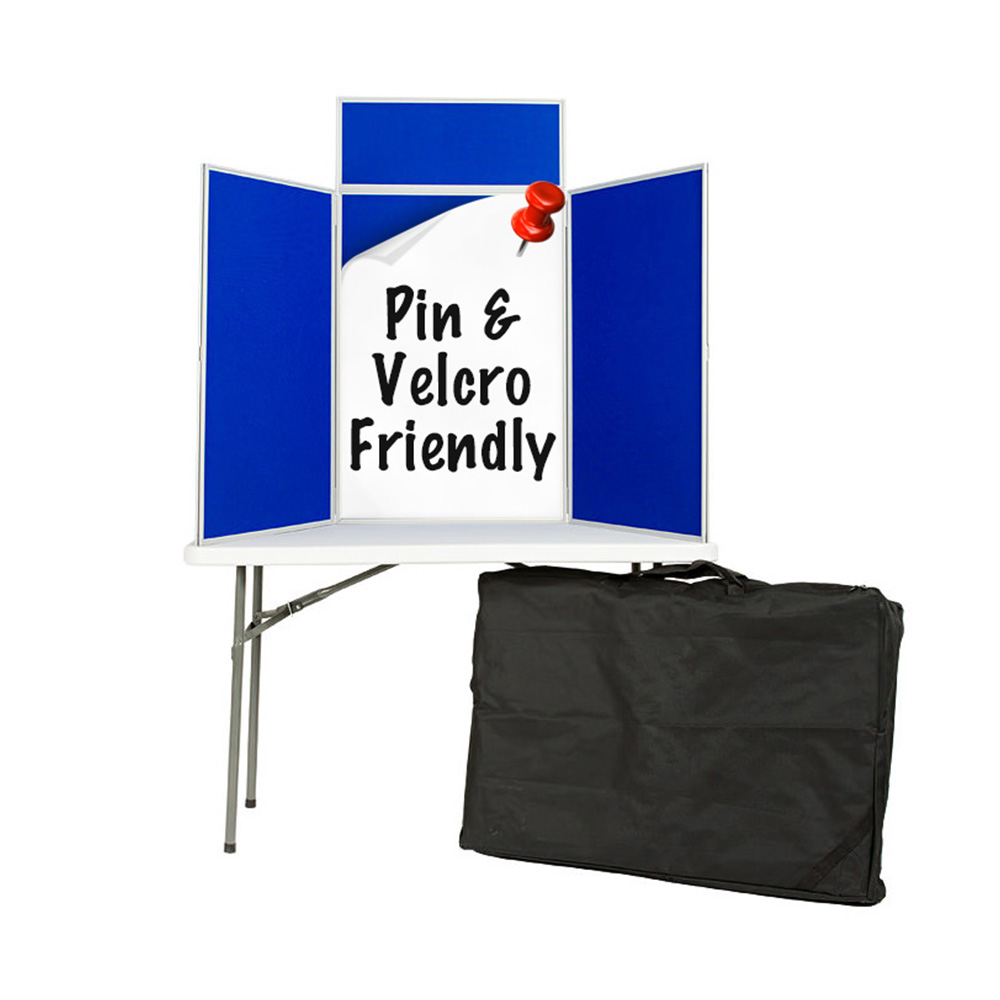 Tabletop Folding Display Boards in Portrait with Header and Pinnable Blue Fabric