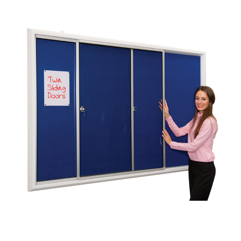Wall Mounted Lockable Noticeboard with Blue Fabric