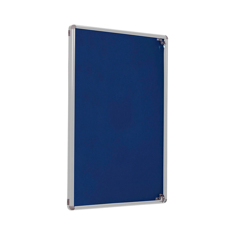 Wall Mounted Indoor Lockable Noticeboard with Silver Frame and Blue Fabric