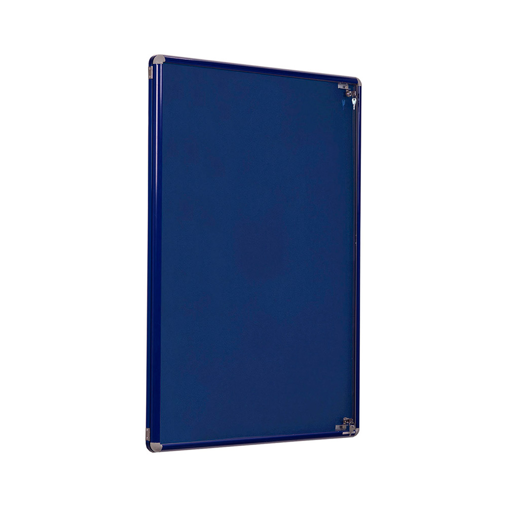 Wall Mounted Indoor Lockable Noticeboard with Blue Frame and Blue Fabric