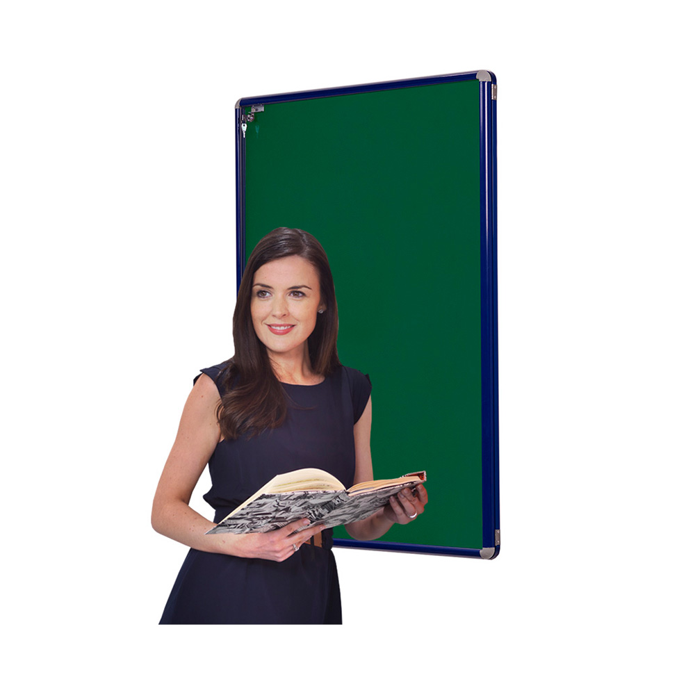 Wall Mounted Indoor Lockable Noticeboard with Blue Frame and Green Fabric