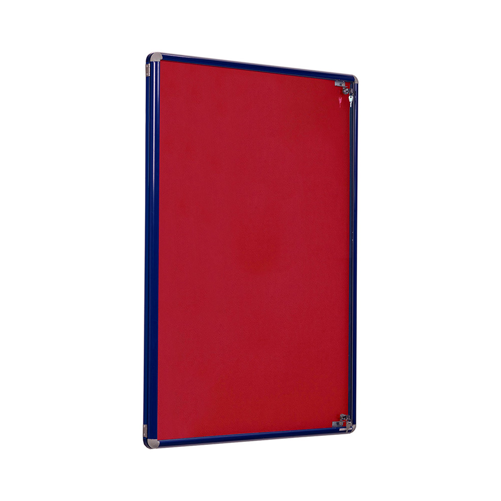 Wall Mounted Indoor Lockable Noticeboard with Blue Frame and Red Fabric