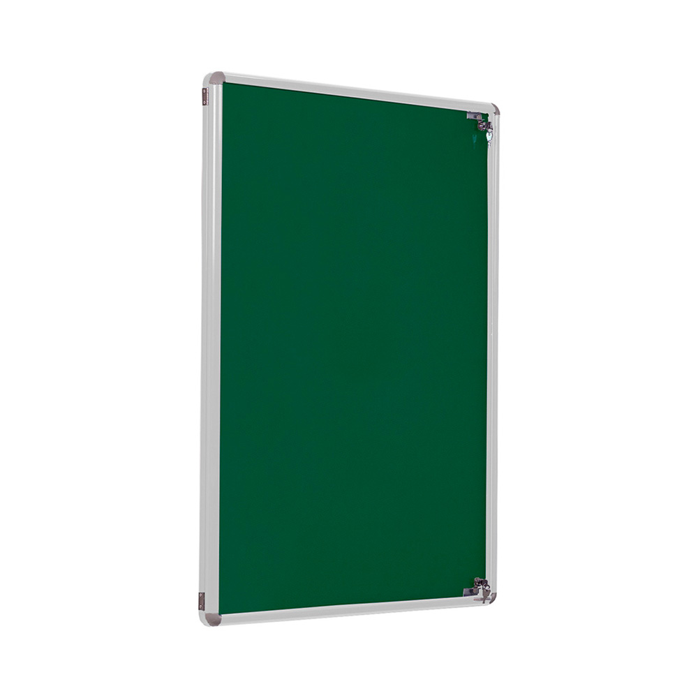Wall Mounted Indoor Lockable Noticeboard with Silver Frame and Green Fabric