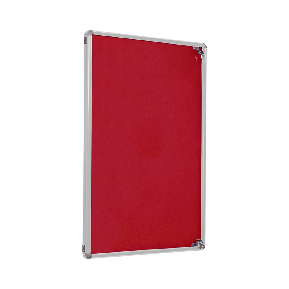 Wall Mounted Indoor Lockable Noticeboard with  Silver Frame and Red Fabric