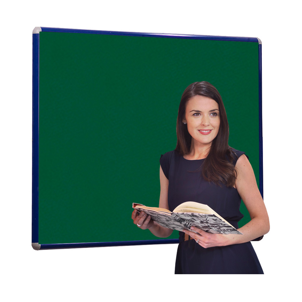 Wall Mounted Landscape Noticeboard with Blue Aluminium Frame and Green Fabric