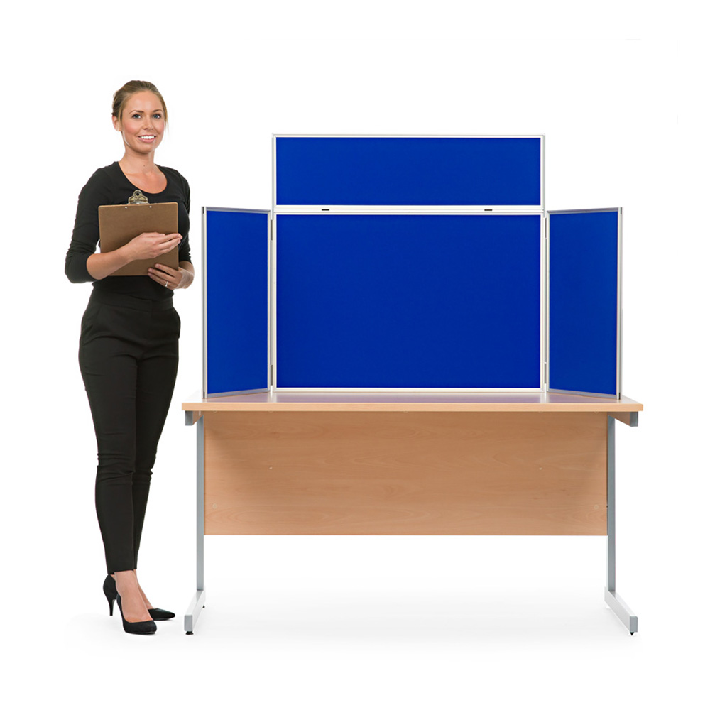 Table Top Aluminium Display Board with Header Panels and Blue Fabric