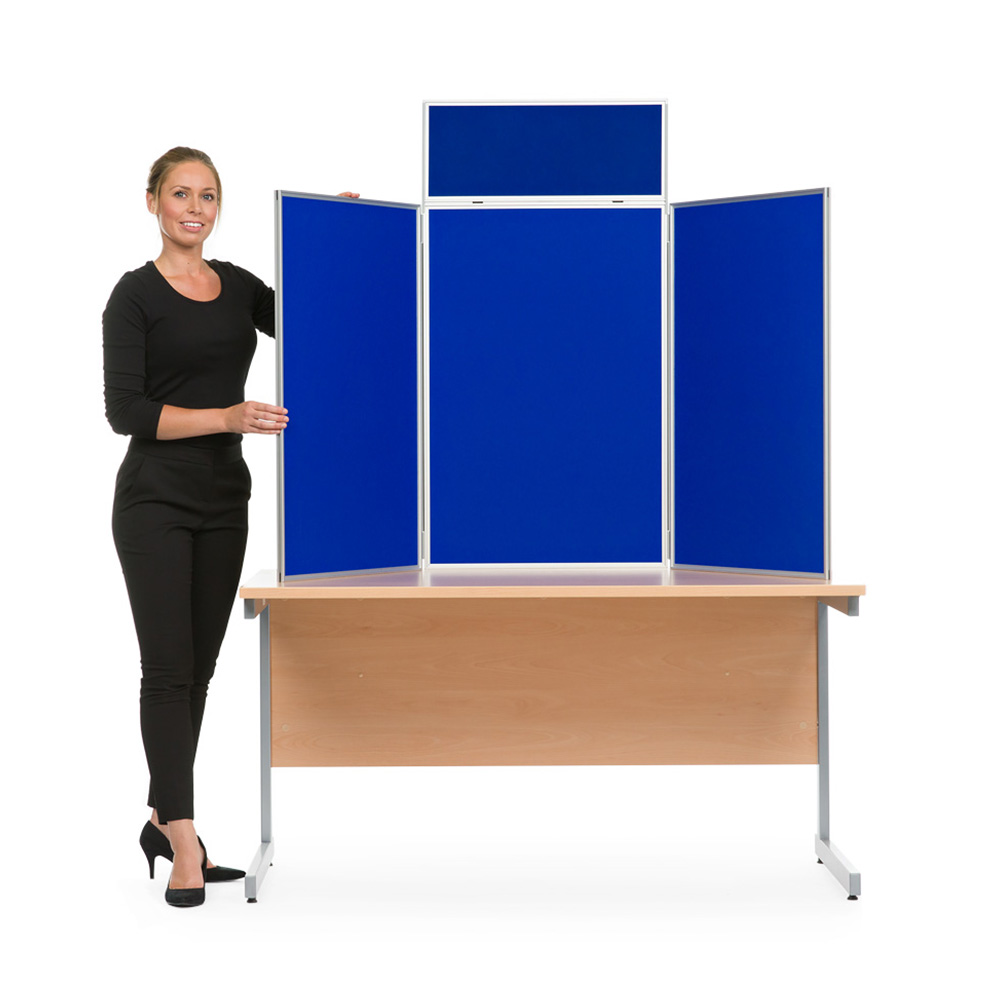 3 Panel Table Top Display Boards with Aluminium Frame in Portrait Orientation and Blue Fabric